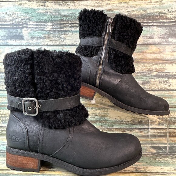 UGG Boots Womens Size 8 Black Leather Sheepskin Water Resistant Zip Winter Ankle - Picture 1 of 12